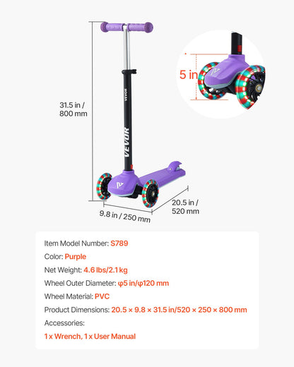 Kick Scooter for Kids Ages 3+, 3-Wheel Toddler Scooter with Light-Up Wheels, Adjustable Height Handlebar, Wide Anti-Slip Deck, Lightweight Aluminum Frame for Boys & Girls up to 74.8 kg, Purple