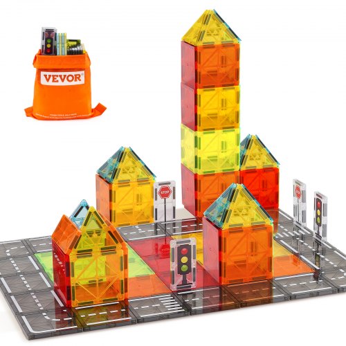 Magnetic Tiles, 56 PCS Magnetic Road Building Blocks for Kids, Magnet Building Set with Storage Bag, STEM Sensory Educational City Construction Stacking Toys Gift for Toddlers Boys Girls Aged 3+