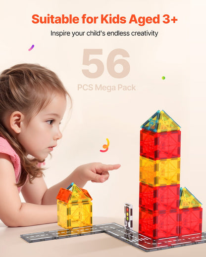 Magnetic Tiles, 56 PCS Magnetic Road Building Blocks for Kids, Magnet Building Set with Storage Bag, STEM Sensory Educational City Construction Stacking Toys Gift for Toddlers Boys Girls Aged 3+