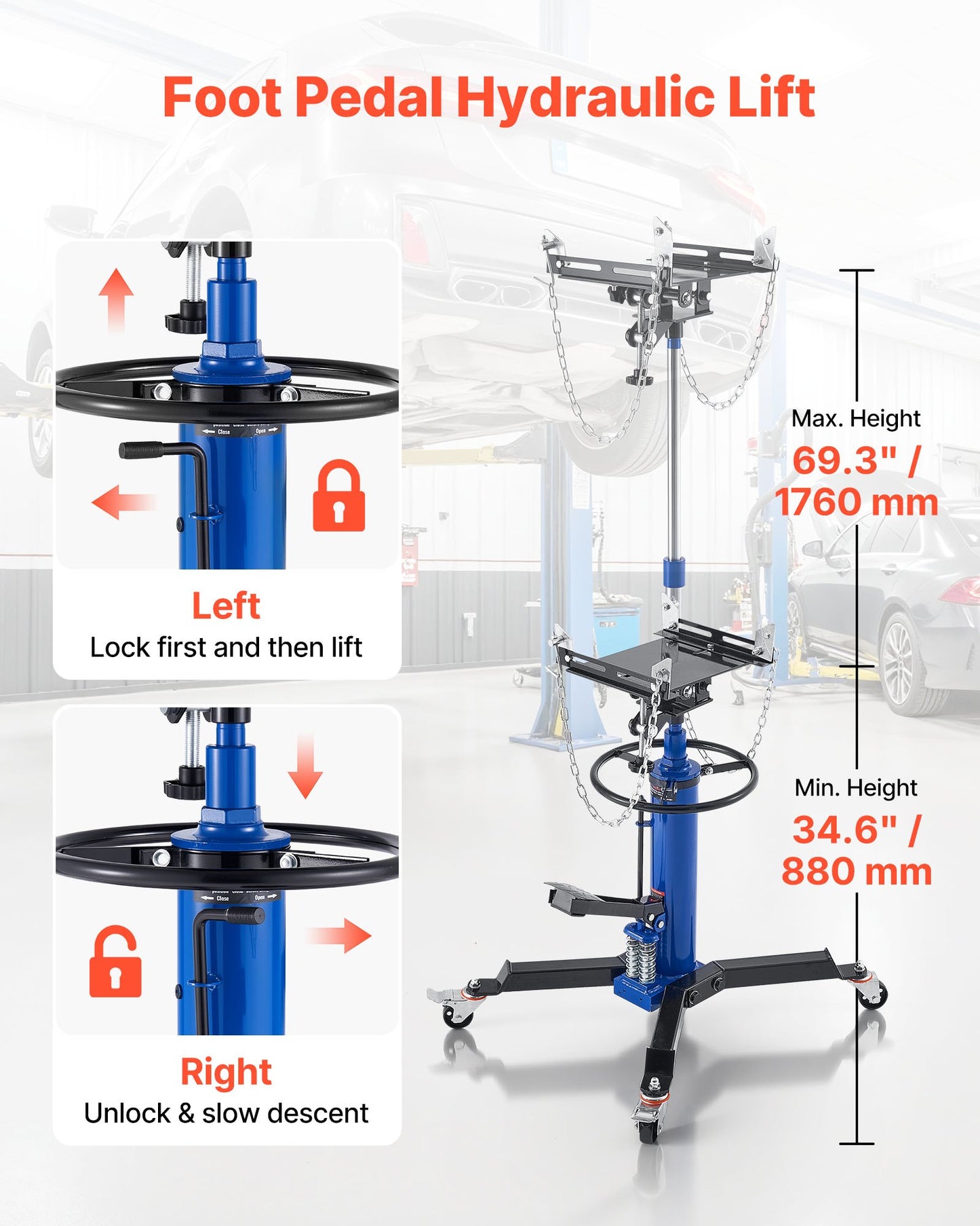 Hydraulic Transmission Jack, 1322 lbs / 0.6 Ton Lifting Capacity Telescoping Transmission Jack with Foot Pedal, Dual Telescopic Trans, 88-176 cm High Lifting Height, Garage/Shop Lift Hoist
