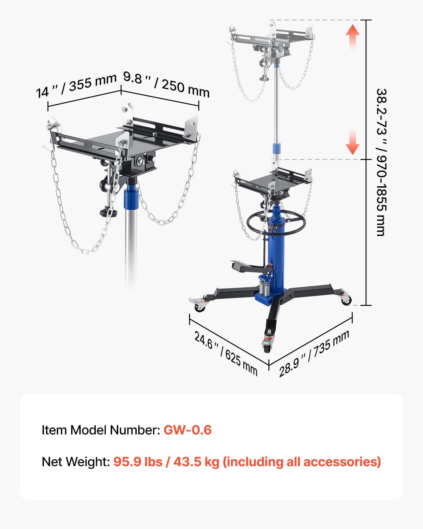 Hydraulic Transmission Jack, 1322 lbs / 0.6 Ton Lifting Capacity Telescoping Transmission Jack with Foot Pedal, Dual Telescopic Trans, 88-176 cm High Lifting Height, Garage/Shop Lift Hoist