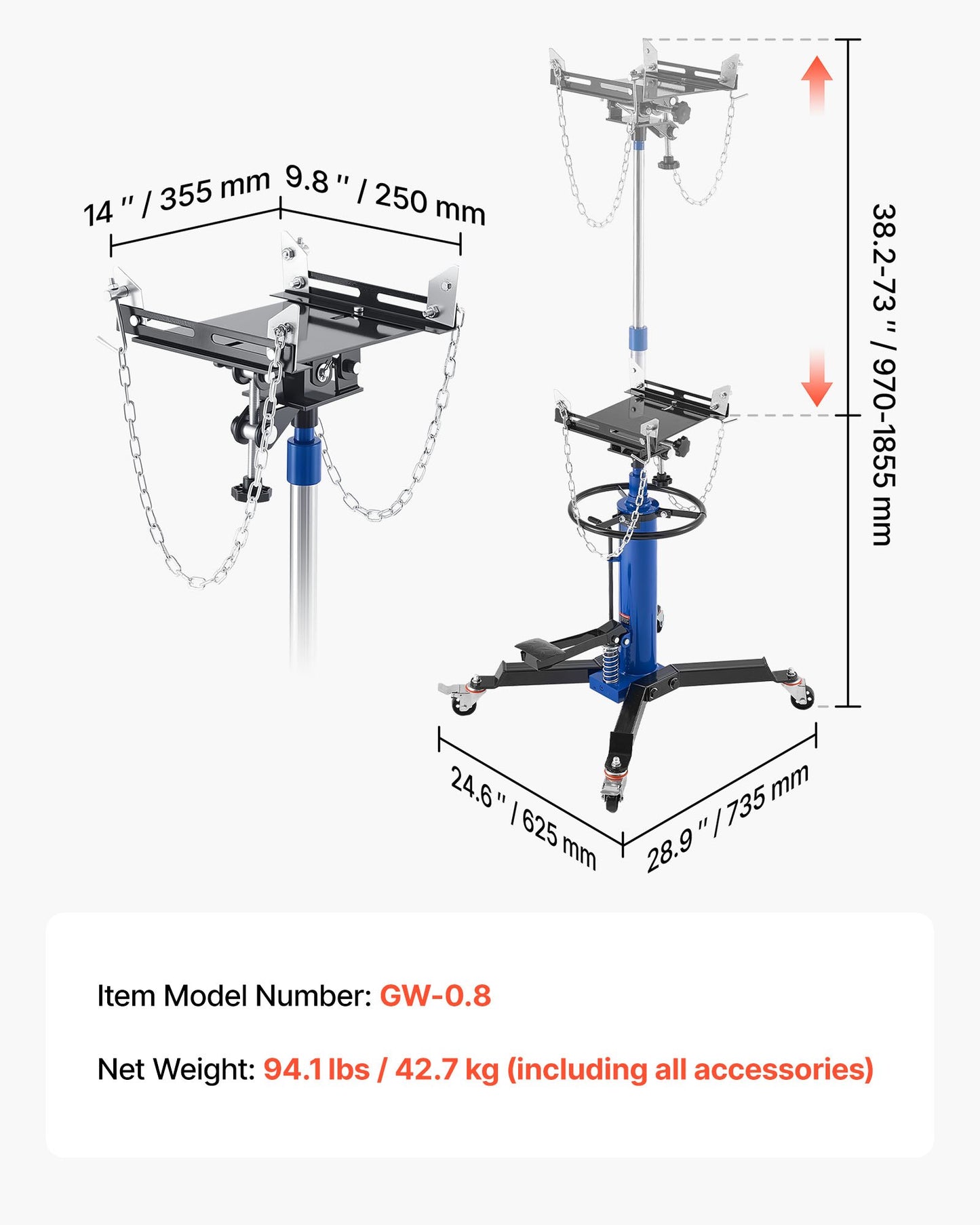 Hydraulic Transmission Jack, 1660 lbs / 0.75 Ton Lifting Capacity Telescoping Transmission Jack with Foot Pedal, 360° Swivel Wheel, 88-176 cm High Lifting Height, Lift Hoist for Garage/Shop