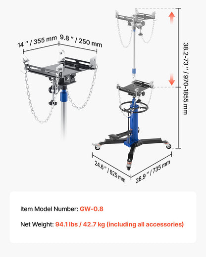 Hydraulic Transmission Jack, 1660 lbs / 0.75 Ton Lifting Capacity Telescoping Transmission Jack with Foot Pedal, 360° Swivel Wheel, 88-176 cm High Lifting Height, Lift Hoist for Garage/Shop
