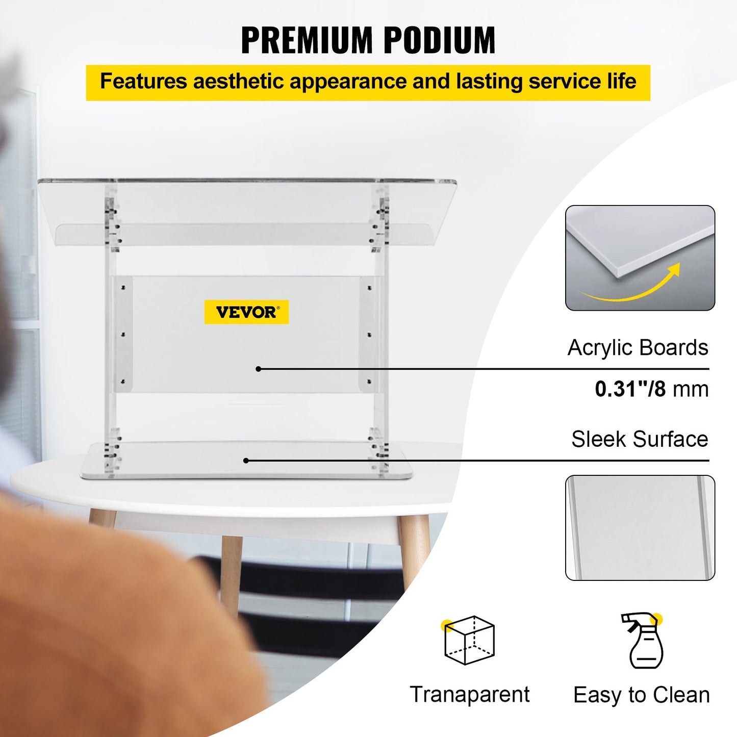 Bordspodium i akryl 49 cm högt plexiglaspodium 61 cm x 33 cm Predikstolar i akryl för kyrkor, snedställd yta med kant för bokhållare, genomskinlig talarpulpt för föreläsningar, tal och presentationer
