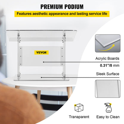 Bordspodium i akryl 49 cm högt plexiglaspodium 61 cm x 33 cm Predikstolar i akryl för kyrkor, snedställd yta med kant för bokhållare, genomskinlig talarpulpt för föreläsningar, tal och presentationer