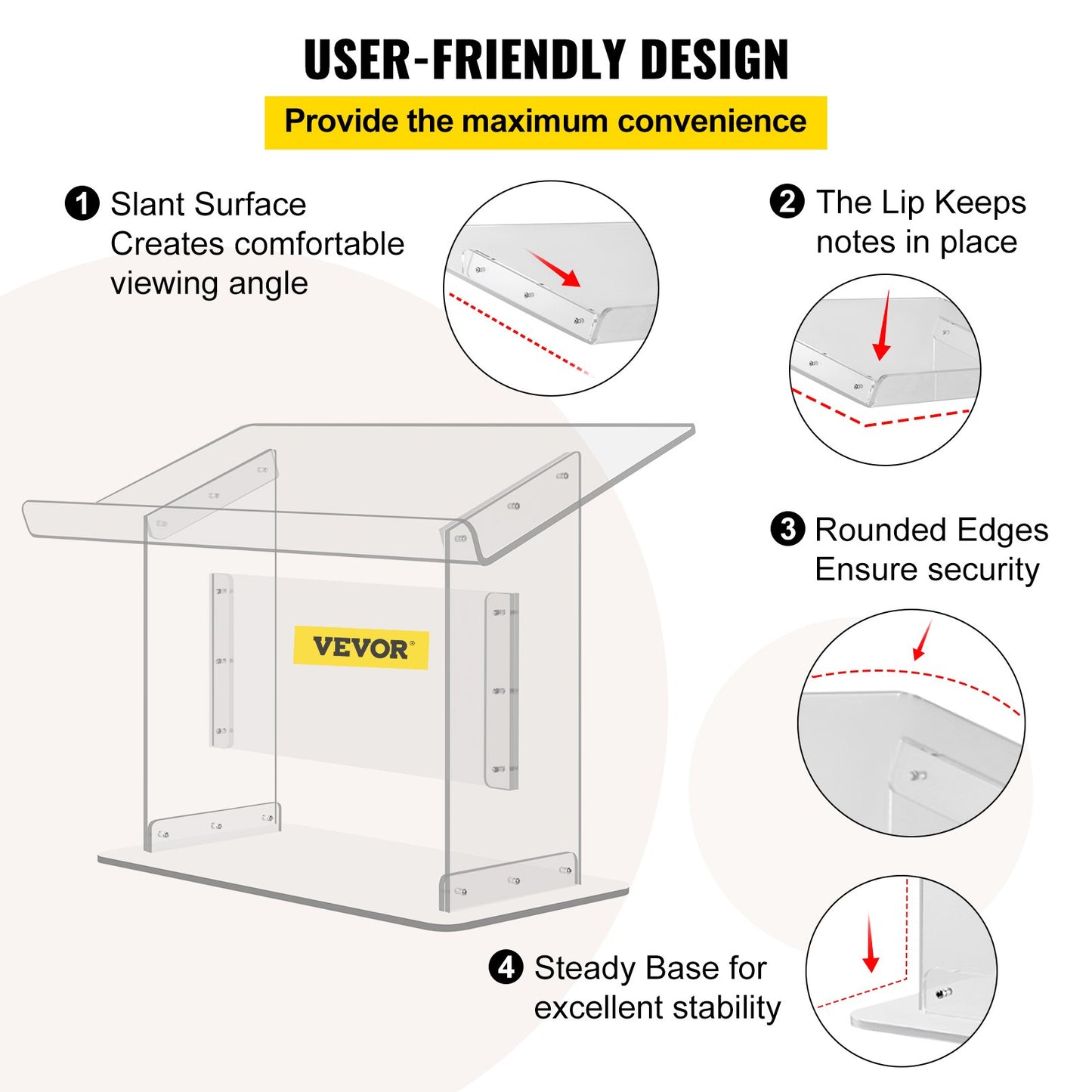 Bordspodium i akryl 49 cm högt plexiglaspodium 61 cm x 33 cm Predikstolar i akryl för kyrkor, snedställd yta med kant för bokhållare, genomskinlig talarpulpt för föreläsningar, tal och presentationer