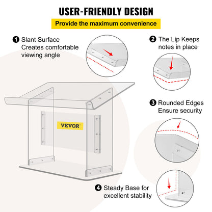 Bordspodium i akryl 49 cm högt plexiglaspodium 61 cm x 33 cm Predikstolar i akryl för kyrkor, snedställd yta med kant för bokhållare, genomskinlig talarpulpt för föreläsningar, tal och presentationer