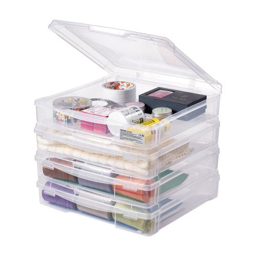 Scrapbook Paper Storage, 4 Pack Stackable Plastic Board Game Boxes, Clear Multi-Purpose Document Case with Rounded Corners and Double Latches, for Office Essentials Tools Arts Crafts Supplies