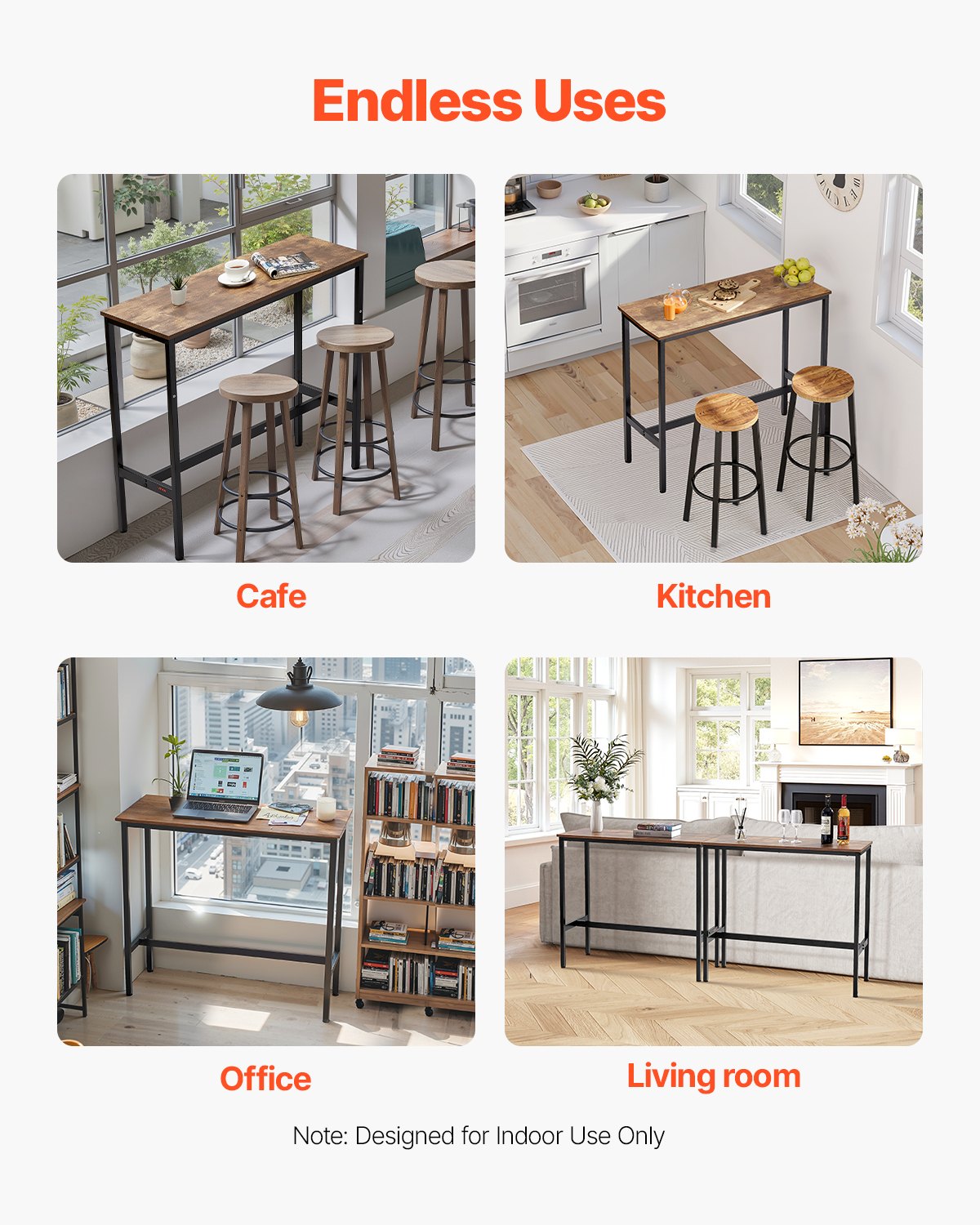 Barbord, robust pubbord med metallram, smalt långt köksbord, cocktaildisk, barbord i barhöjd, lätt att montera, 91x43x89 cm, för vardagsrumsfest, rustikt brunt och svart