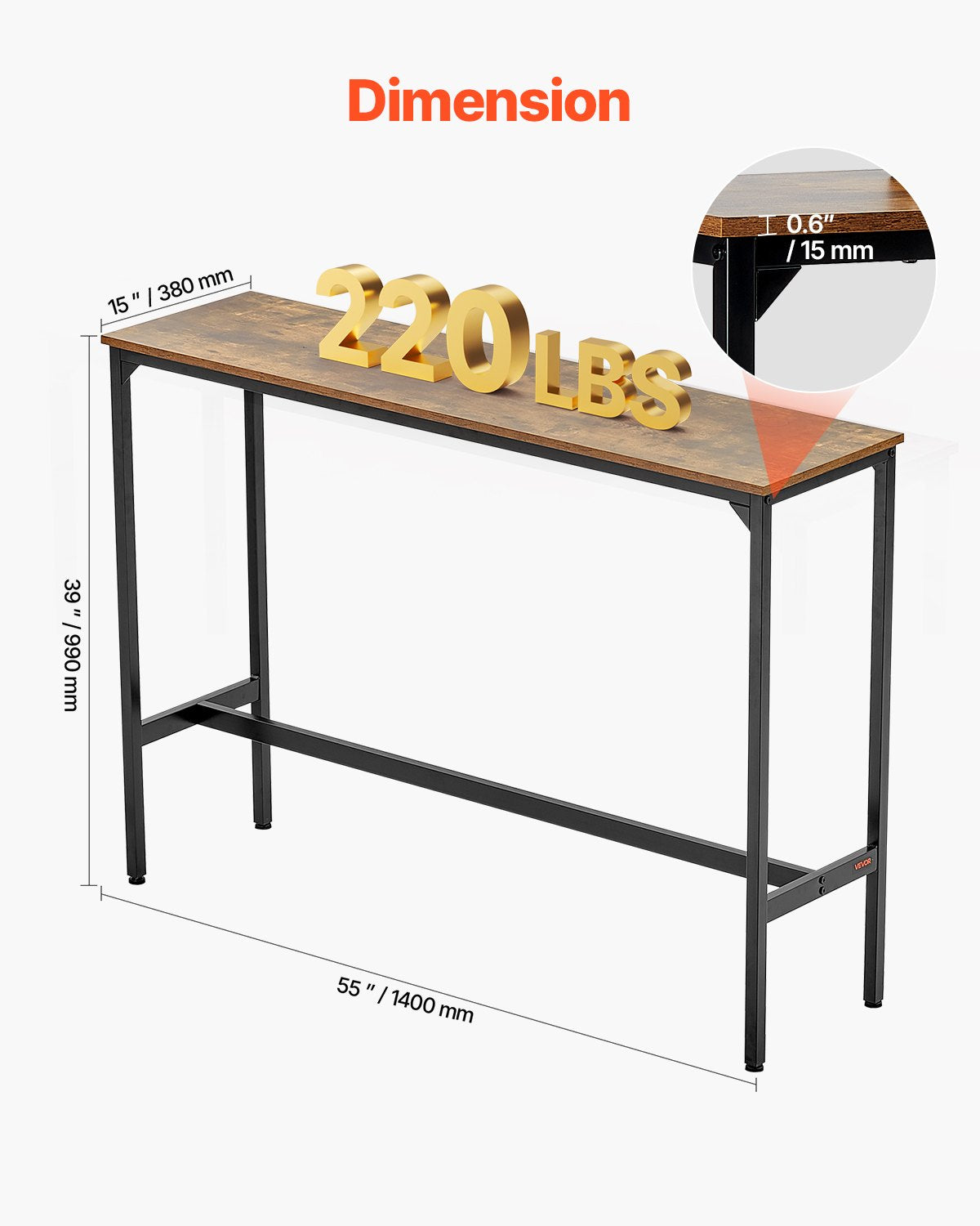 Bar Table, Sturdy Metal Frame High Top Pub Table, Narrow Long Kitchen Dining, Cocktail Counter Bar Height Desk, Easy to Assemble, 55x15x39 in, for Living Room Party, Rustic Brown and Black