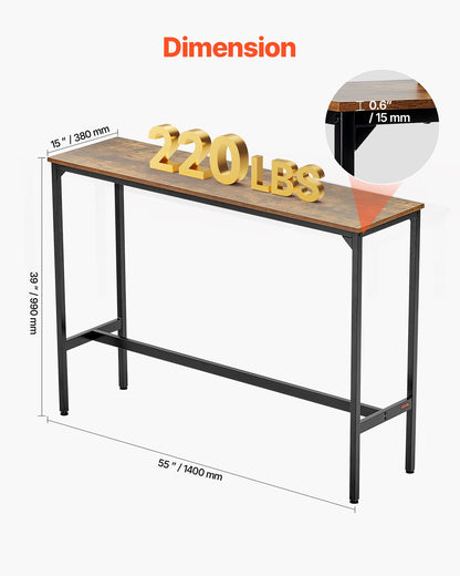 Bar Table, Sturdy Metal Frame High Top Pub Table, Narrow Long Kitchen Dining, Cocktail Counter Bar Height Desk, Easy to Assemble, 55x15x39 in, for Living Room Party, Rustic Brown and Black
