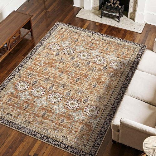 Area Rug, 7.5 x 9.5 ft Large Washable Rug, Non-Slip and Tear-Resistant Soft Carpet, Pet & Child Friendly Vintage Area Rugs, Indoor Mat for Bedroom, Living Room, Office, Entryway, Brown Green