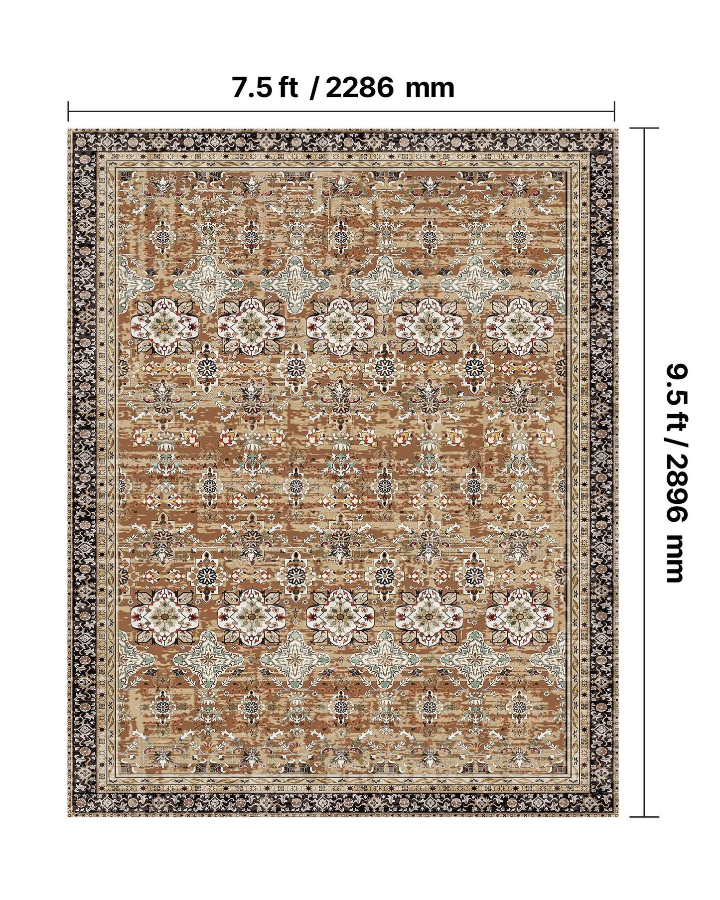Area Rug, 7.5 x 9.5 ft Large Washable Rug, Non-Slip and Tear-Resistant Soft Carpet, Pet & Child Friendly Vintage Area Rugs, Indoor Mat for Bedroom, Living Room, Office, Entryway, Brown Green