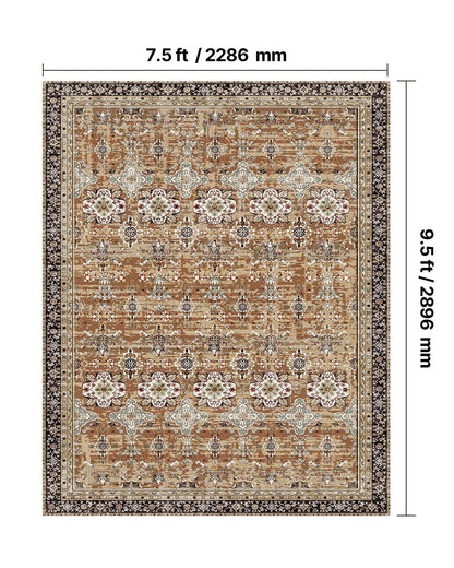Area Rug, 7.5 x 9.5 ft Large Washable Rug, Non-Slip and Tear-Resistant Soft Carpet, Pet & Child Friendly Vintage Area Rugs, Indoor Mat for Bedroom, Living Room, Office, Entryway, Brown Green