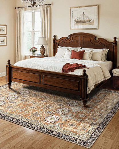 Area Rug, 7.5 x 9.5 ft Large Washable Rug, Non-Slip and Tear-Resistant Soft Carpet, Pet & Child Friendly Vintage Area Rugs, Indoor Mat for Bedroom, Living Room, Office, Entryway, Brown Green