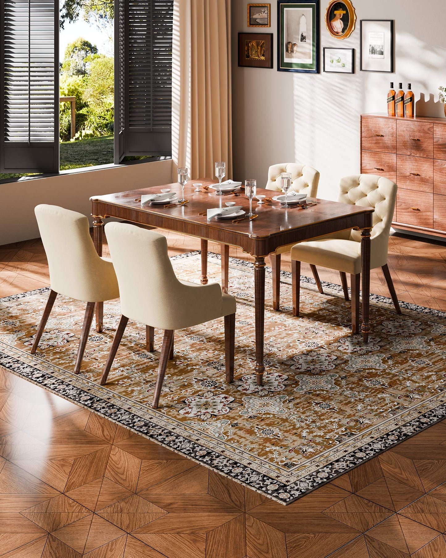 Area Rug, 7.5 x 9.5 ft Large Washable Rug, Non-Slip and Tear-Resistant Soft Carpet, Pet & Child Friendly Vintage Area Rugs, Indoor Mat for Bedroom, Living Room, Office, Entryway, Brown Green