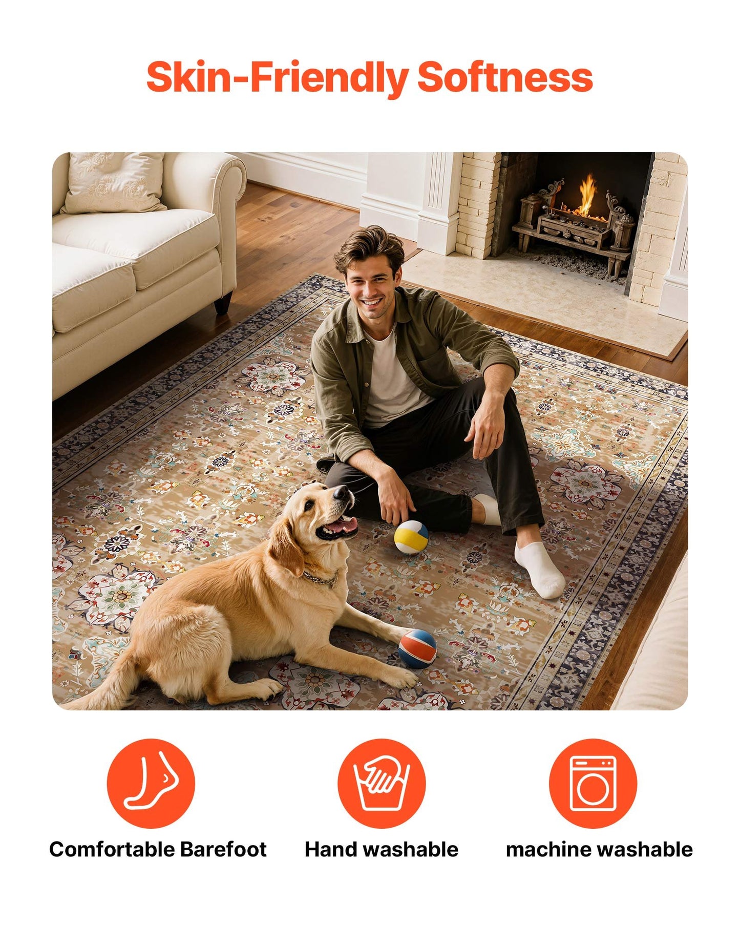 Area Rug, 7.5 x 9.5 ft Large Washable Rug, Non-Slip and Tear-Resistant Soft Carpet, Pet & Child Friendly Vintage Area Rugs, Indoor Mat for Bedroom, Living Room, Office, Entryway, Brown Green