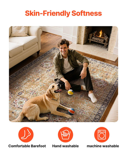 Area Rug, 7.5 x 9.5 ft Large Washable Rug, Non-Slip and Tear-Resistant Soft Carpet, Pet & Child Friendly Vintage Area Rugs, Indoor Mat for Bedroom, Living Room, Office, Entryway, Brown Green