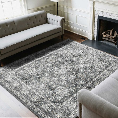 Area Rug, 8 x 10 ft Large Washable Rug, Non-Slip and Tear-Resistant Soft Carpet, Pet & Child Friendly Vintage Area Rugs, Indoor Mat for Bedroom, Living Room, Kids Room, Entryway, Office, Gray