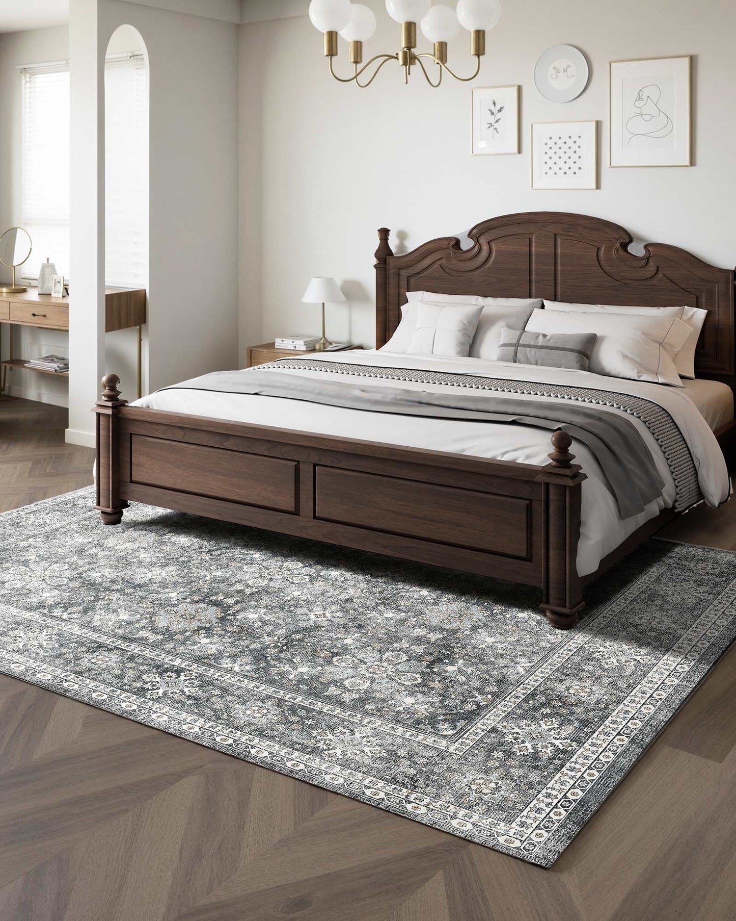 Matta, 2,4 x 3 meter stor tvättbar matta, halkfri och rivtålig mjuk heltäckningsmatta, husdjurs- och barnvänliga vintagemattor, inomhusmatta för sovrum, vardagsrum, barnrum, entré, kontor, grå