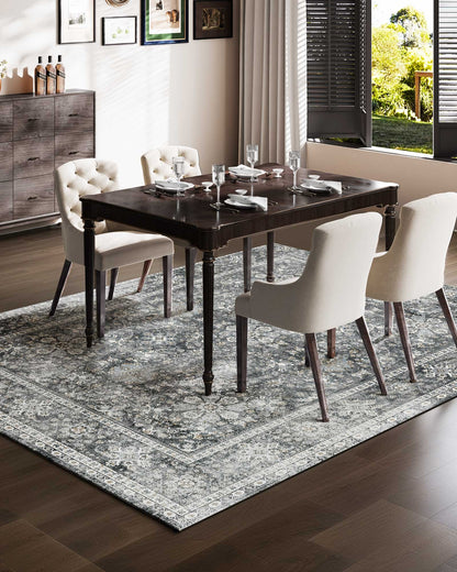 Matta, 2,4 x 3 meter stor tvättbar matta, halkfri och rivtålig mjuk heltäckningsmatta, husdjurs- och barnvänliga vintagemattor, inomhusmatta för sovrum, vardagsrum, barnrum, entré, kontor, grå