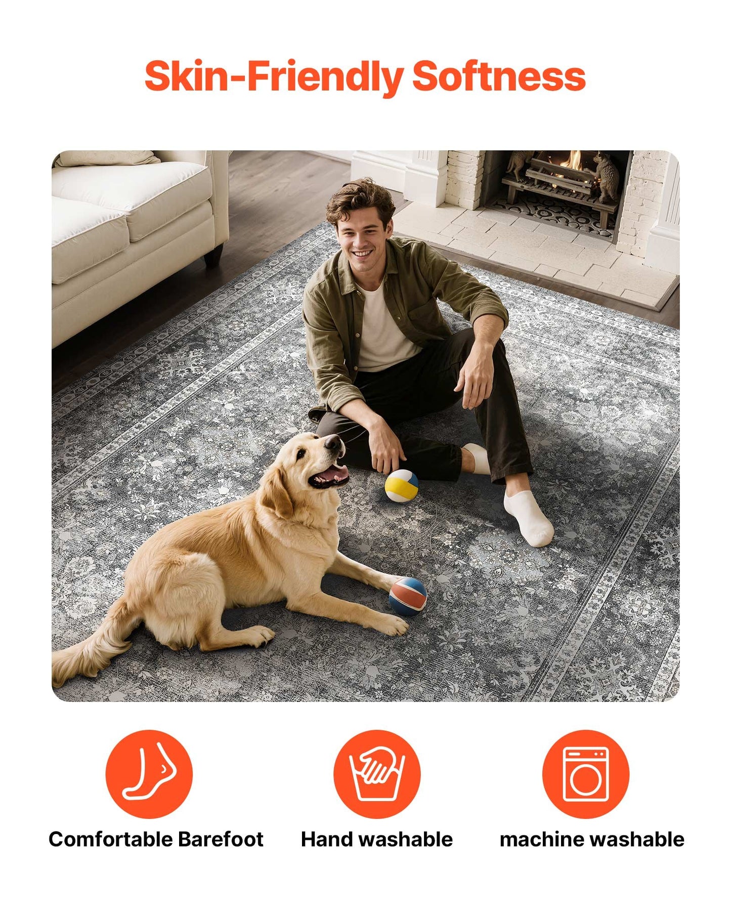 Matta, 2,4 x 3 meter stor tvättbar matta, halkfri och rivtålig mjuk heltäckningsmatta, husdjurs- och barnvänliga vintagemattor, inomhusmatta för sovrum, vardagsrum, barnrum, entré, kontor, grå