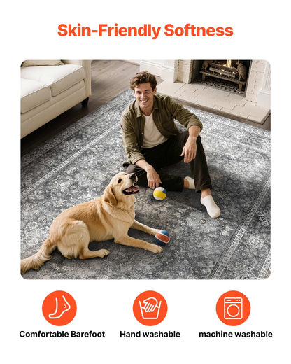 Matta, 2,4 x 3 meter stor tvättbar matta, halkfri och rivtålig mjuk heltäckningsmatta, husdjurs- och barnvänliga vintagemattor, inomhusmatta för sovrum, vardagsrum, barnrum, entré, kontor, grå