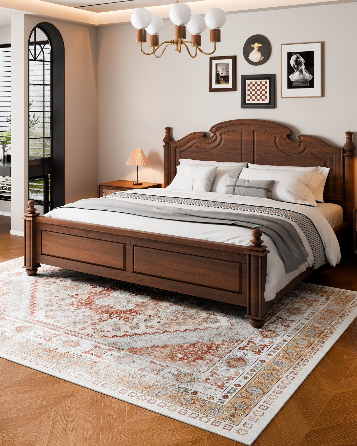 Matta, 2,4 x 3 meter stor tvättbar matta, halkfri och rivtålig mjuk heltäckningsmatta, husdjurs- och barnvänliga vintagemattor, inomhusmatta för sovrum, vardagsrum, barnrum, kontor, brunröd