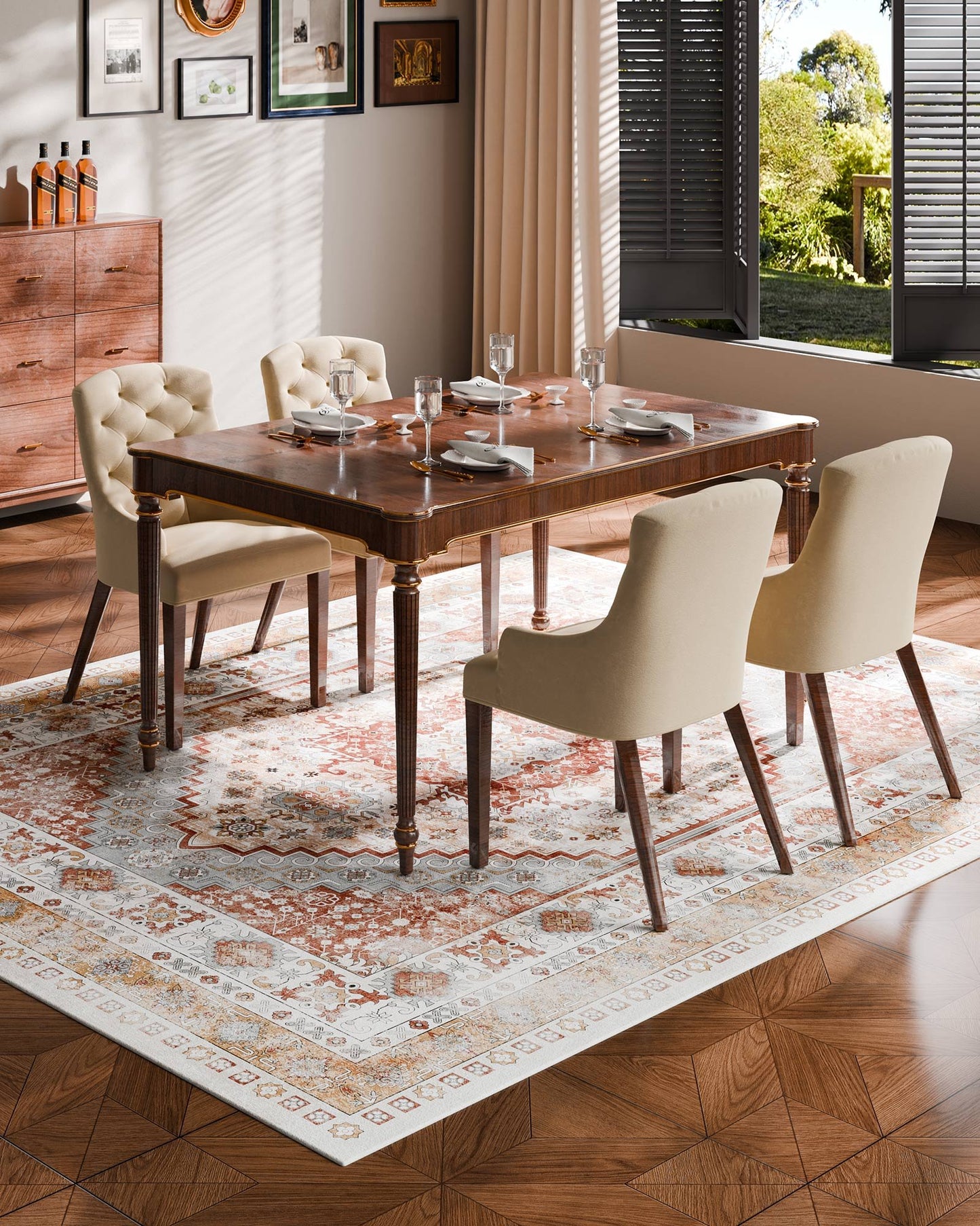 Matta, 2,4 x 3 meter stor tvättbar matta, halkfri och rivtålig mjuk heltäckningsmatta, husdjurs- och barnvänliga vintagemattor, inomhusmatta för sovrum, vardagsrum, barnrum, kontor, brunröd