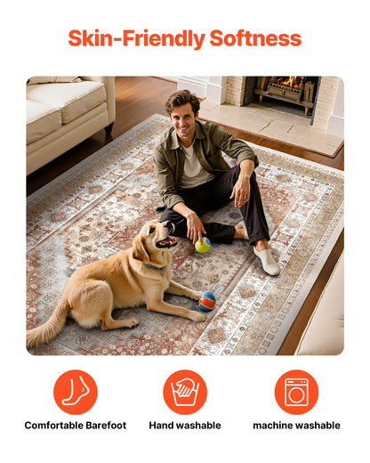 Matta, 2,4 x 3 meter stor tvättbar matta, halkfri och rivtålig mjuk heltäckningsmatta, husdjurs- och barnvänliga vintagemattor, inomhusmatta för sovrum, vardagsrum, barnrum, kontor, brunröd