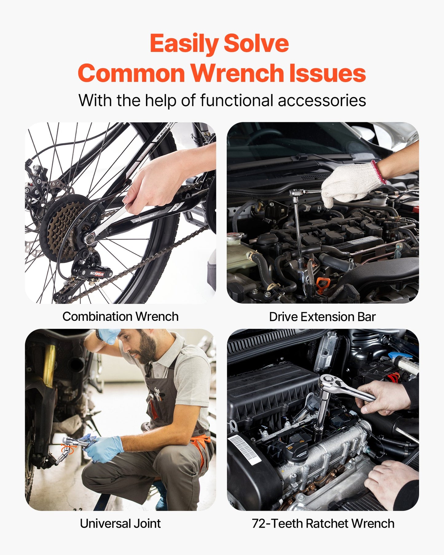 Mekanikverktygssats och hylsnyckelsats, 450 delar, 6,4, 9,5 och 12,7 mm djupa och standardhylsor, SAE metrisk mekanikverktygssats med bits, skiftnycklar, tillbehör, förvaringsväska med orange låda