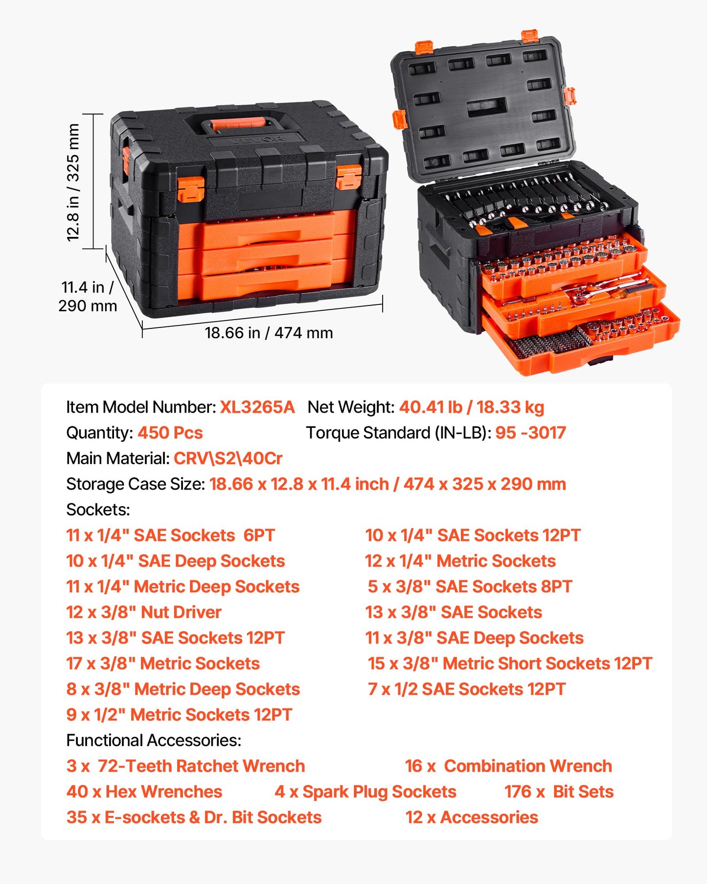 Mekanikverktygssats och hylsnyckelsats, 450 delar, 6,4, 9,5 och 12,7 mm djupa och standardhylsor, SAE metrisk mekanikverktygssats med bits, skiftnycklar, tillbehör, förvaringsväska med orange låda