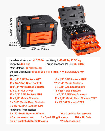 Mekanikverktygssats och hylsnyckelsats, 450 delar, 6,4, 9,5 och 12,7 mm djupa och standardhylsor, SAE metrisk mekanikverktygssats med bits, skiftnycklar, tillbehör, förvaringsväska med orange låda