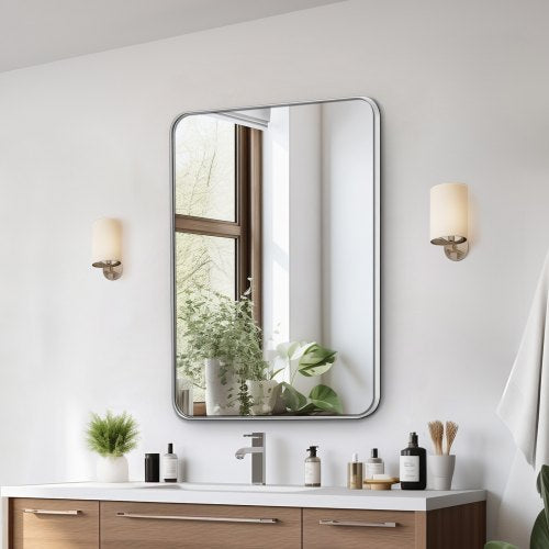 Wall Mounted Makeup Mirror, 0.15" Thick, 22" x 30" Mirror with Aluminium Alloy Frame & Explosion-Proof Film, Scratch-Resistant Mirror with Z-Shaped Bracket, Fit for Bathroom/Bedroom/Living Room