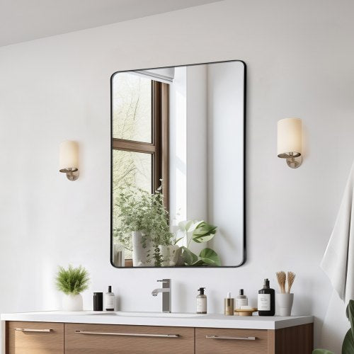 Wall Mounted Makeup Mirror, 0.15" Thick, 24" x 36" Mirror with Aluminium Alloy Frame & Explosion-Proof Film, Scratch-Resistant Mirror with Z-Shaped Bracket, Fit for Bathroom/Bedroom/Living Room