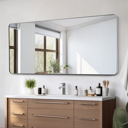 Wall Mounted Makeup Mirror, 0.15" Thick, 32" x 72" Mirror with Aluminium Alloy Frame & Explosion-Proof Film, Scratch-Resistant Mirror with Z-Shaped Bracket, Fit for Bathroom/Bedroom/Living Room