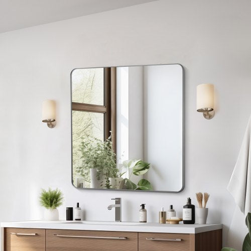 Wall Mounted Makeup Mirror, 0.15" Thick, 36" x 36" Mirror with Aluminium Alloy Frame & Explosion-Proof Film, Scratch-Resistant Mirror with Z-Shaped Bracket, Fit for Bathroom/Bedroom/Living Room