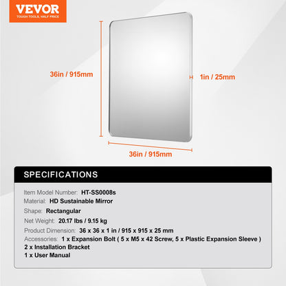 Wall Mounted Makeup Mirror, 0.15" Thick, 36" x 36" Mirror with Aluminium Alloy Frame & Explosion-Proof Film, Scratch-Resistant Mirror with Z-Shaped Bracket, Fit for Bathroom/Bedroom/Living Room