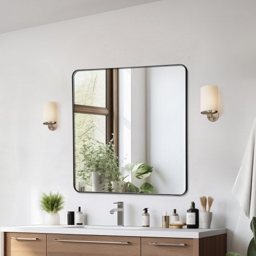 Wall Mounted Makeup Mirror, 0.15" Thick, 36" x 36" Mirror with Aluminium Alloy Frame & Explosion-Proof Film, Scratch-Resistant Mirror with Z-Shaped Bracket, Fit for Bathroom/Bedroom/Living Room
