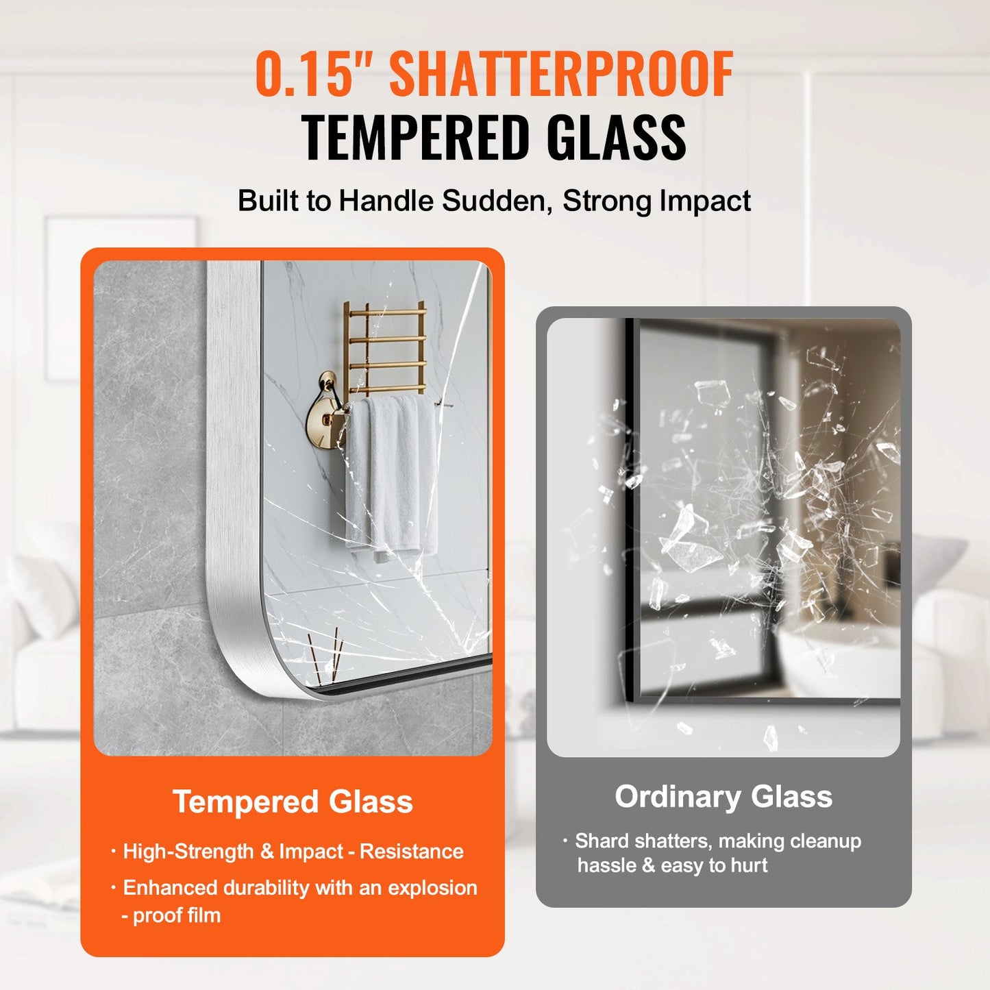 Väggmonterad sminkspegel, 0,15" tjock, 36" x 48" spegel med aluminiumram och explosionssäker film, reptålig spegel med Z-formad konsol, passar för badrum/sovrum/vardagsrum