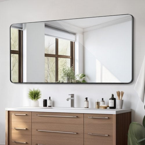Wall Mounted Makeup Mirror, 0.15" Thick, 36" x 72" Mirror with Aluminium Alloy Frame & Explosion-Proof Film, Scratch-Resistant Mirror with Z-Shaped Bracket, Fit for Bathroom/Bedroom/Living Room