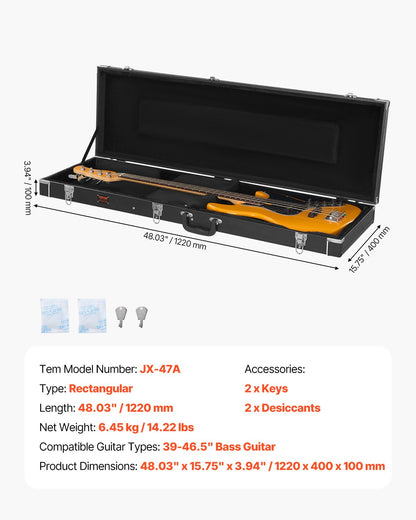 Hårt fodral för basgitarr 122 cm / 48,03 tum Vattentätt med lås och nyckel för basgitarr