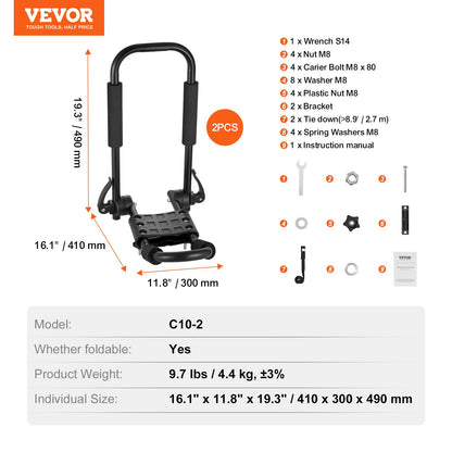 Kayak Roof Rack 1 Pair J-Bar, Soft Roof Rack Quick Folding, Top Mount Tie Down, Carrier for kayak, Surf Board, Canoe, SUP, Ski Board, Mount on Car, SUV, Truck, 1 Kayak