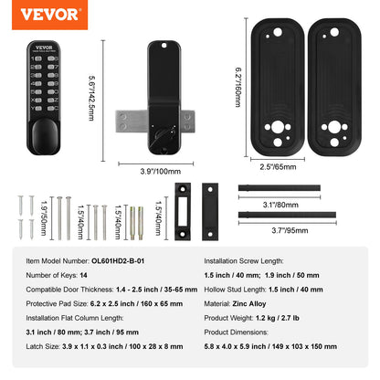 Mechanical Keyless Entry Door Lock, 14 Digit Keypad, Outdoor Gate Door Locks Set with Surface-mounted Latch, Water-proof Zinc Alloy, Keypad and Knob, Easy to Install, for Garden, Yard, Garage
