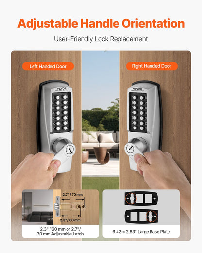 Mechanical Keyless Entry Door Lock, 14 Key Mechanical Door Lock with Keys, Mechanical Keypad Door Lock with Handle, Stainless Steel Waterproof Keyless Gate Lock, for Home Office Outdoor Garage