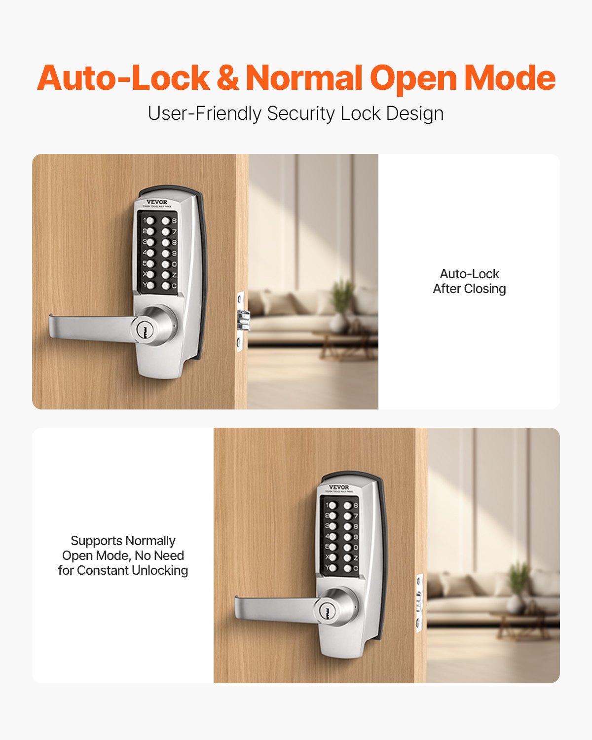 Mechanical Keyless Entry Door Lock, 14 Key Mechanical Door Lock with Keys, Mechanical Keypad Door Lock with Handle, Stainless Steel Waterproof Keyless Gate Lock, for Home Office Outdoor Garage