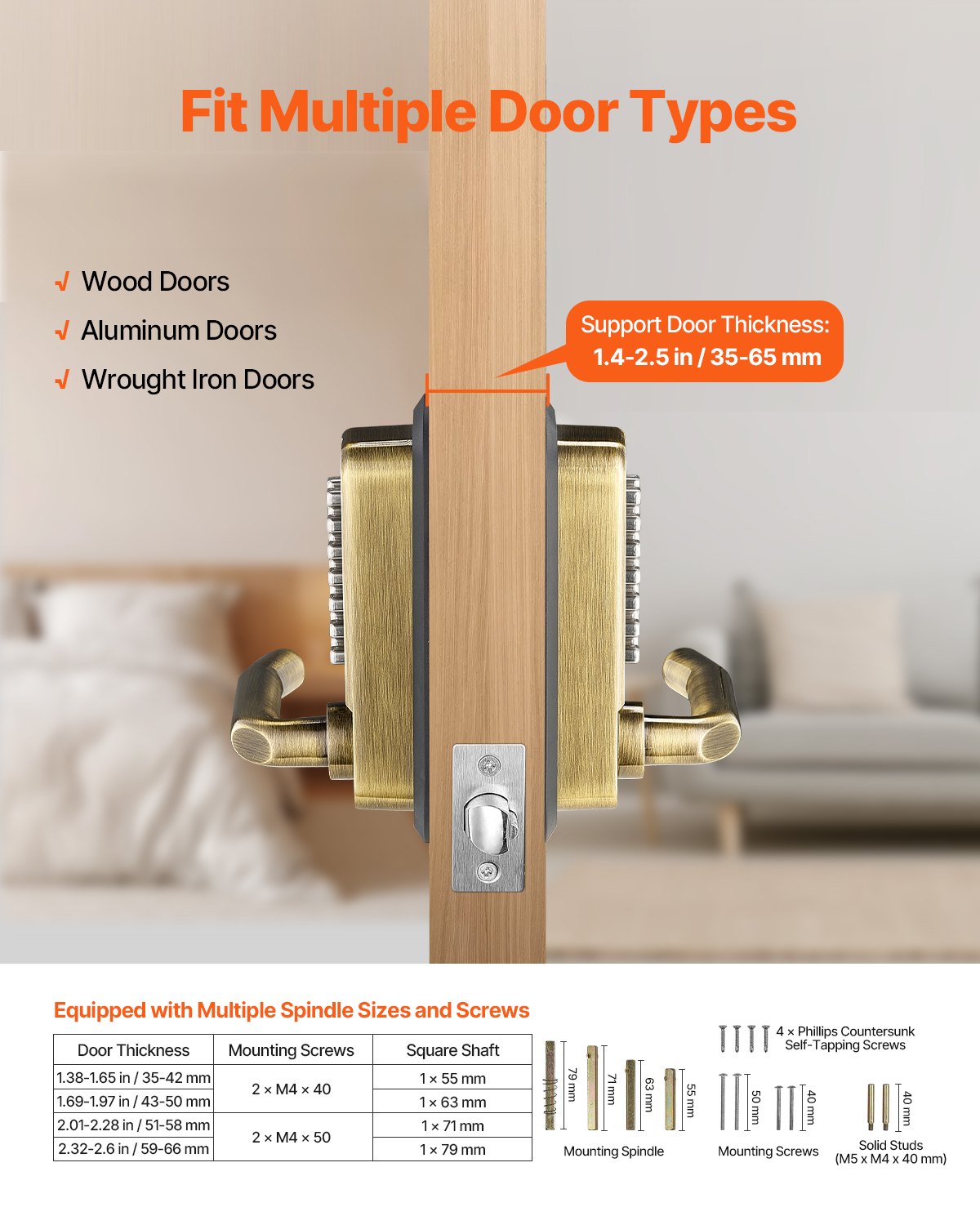 Mechanical Keyless Entry Door Lock, 14 Key Mechanical Door Lock, Mechanical Keypad Door Lock with Handle, Double-Sided Stainless Steel Waterproof Keyless Gate Lock, for Home Office Fence Garage