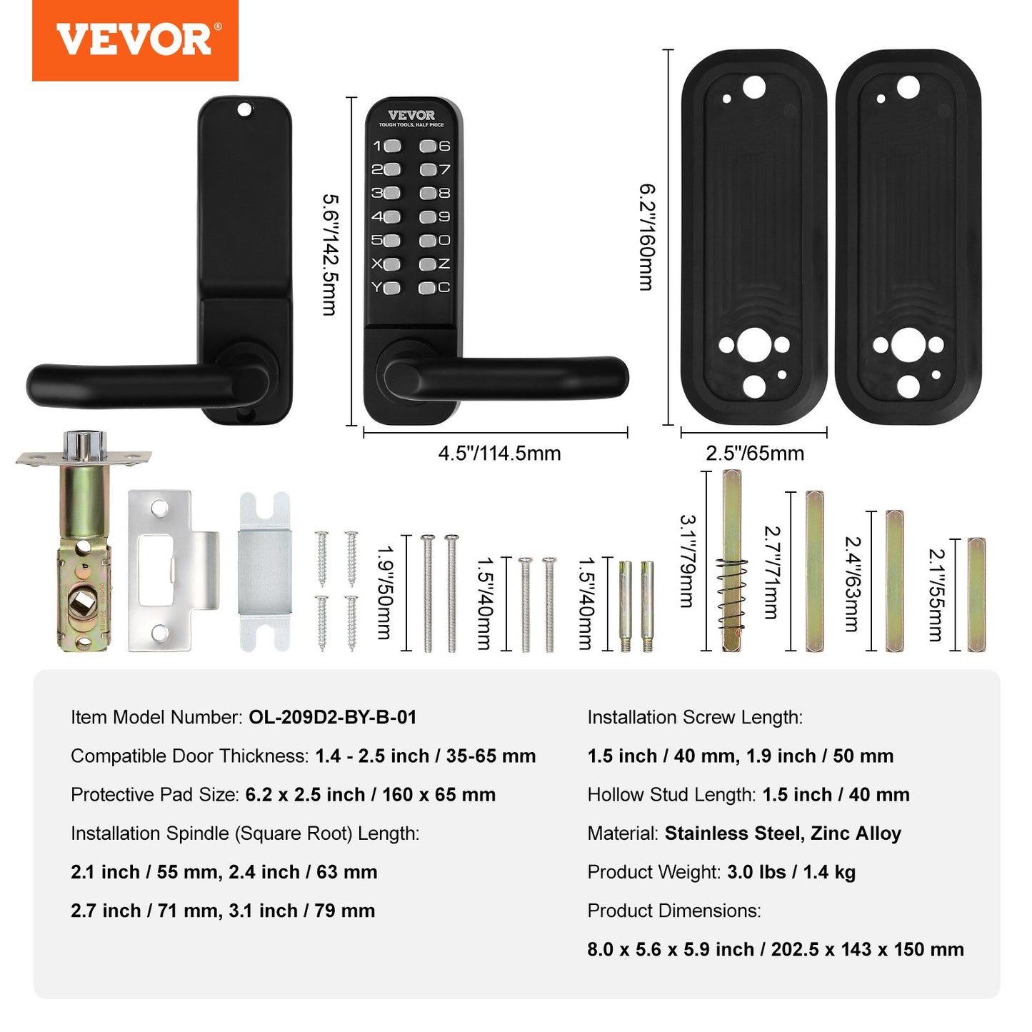 Mechanical Keyless Entry Door Lock, 14 Digit Keypad, Embedded Outdoor Gate Door Locks Set with Keypad and Handle, Water-proof Zinc Alloy, Easy to Install, for Garden, Garage, Storage Shed, Yard