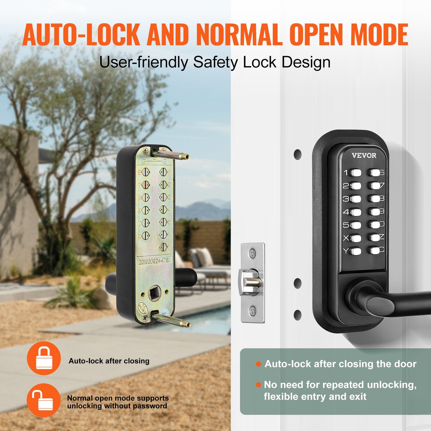 Mechanical Keyless Entry Door Lock, 14 Digit Keypad, Double-sided Embedded Outdoor Gate Door Locks Set with Keypad and Handle, Water-proof Zinc Alloy, Easy to Install, for Garden, Yard, Garage