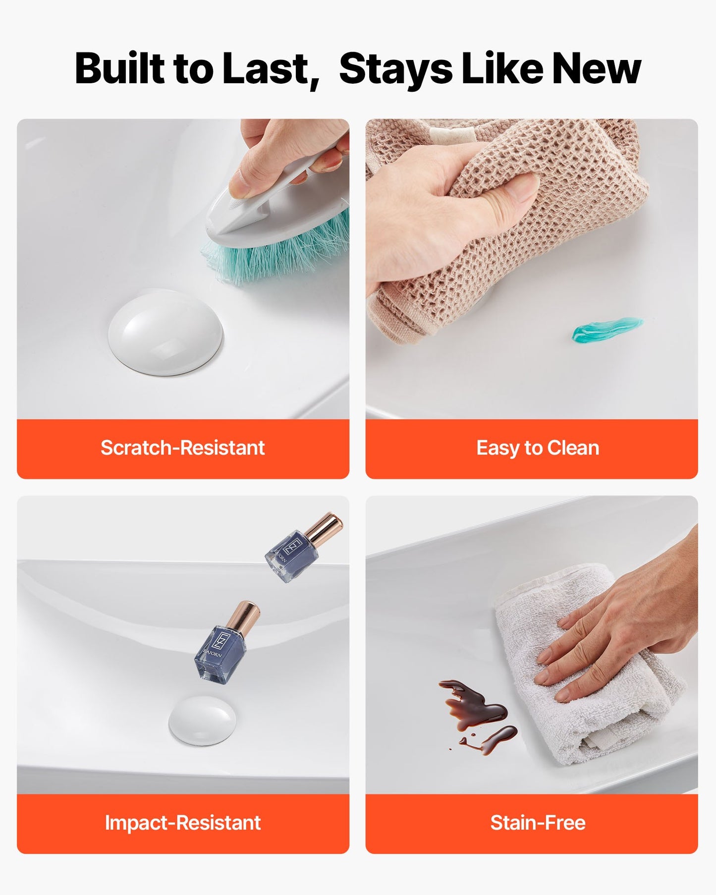 Halvt infällt handfat, 490 x 305 mm rektangulärt vitt keramiskt handfat med 45 mm avloppshål, nedsänkbart modernt toalettställ med badkarsfat, rektangulärt för badrum med litet utrymme